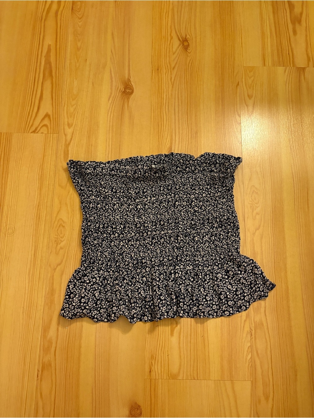 American Eagle Smocked Navy Floral Strapless Top